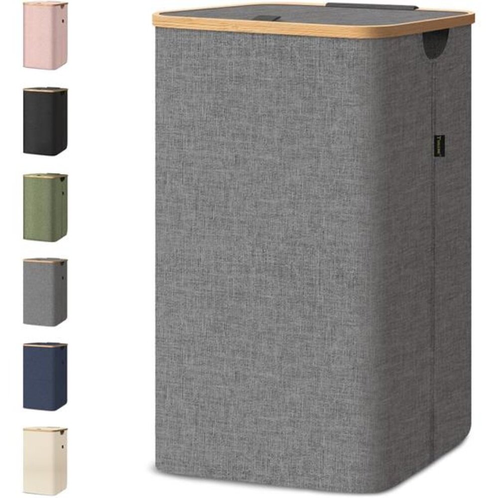 Laundry Hamper with Lid, Tall Laundry Baskets with Bamboo Pull Handles, Large